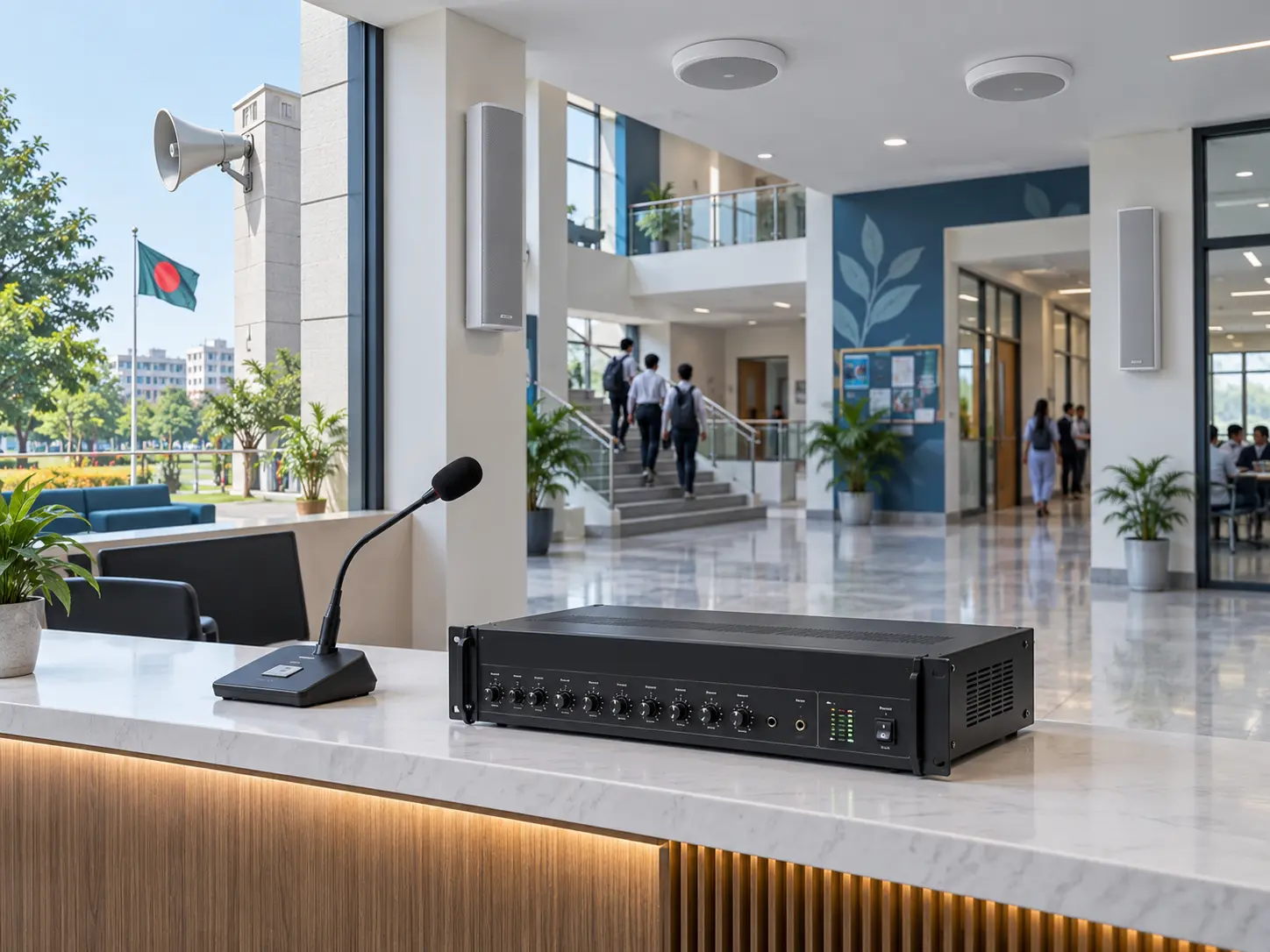Modern campus PA sound system with paging microphone, amplifier and installed speakers